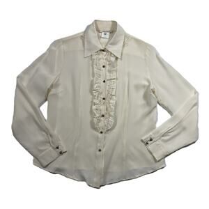 Vintage Vertigo Paris 100% Silk Ruffled L Button-Up Long Slv Blouse Ivory